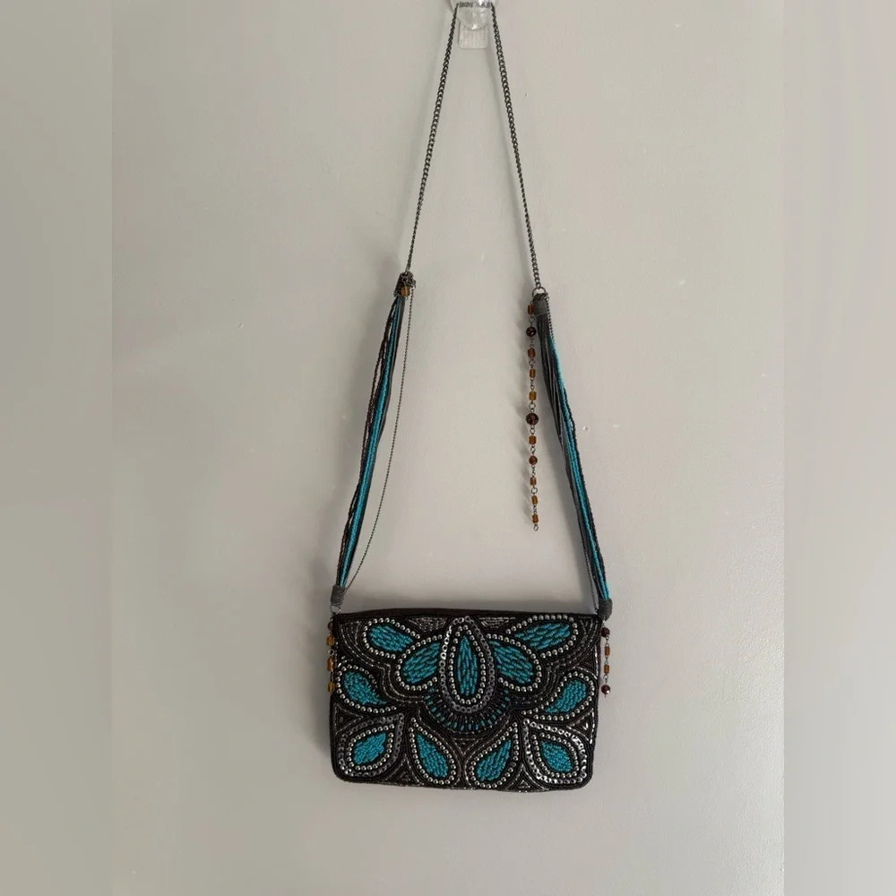 Ricki Designs Floral Beaded Chain Shoulder Strap Small Clutch Purse Turquoise
